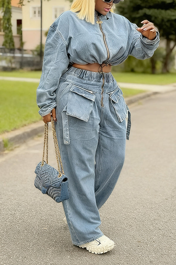 Street Drawstring Denim Short Jacket & Double Pocket Jeans Set