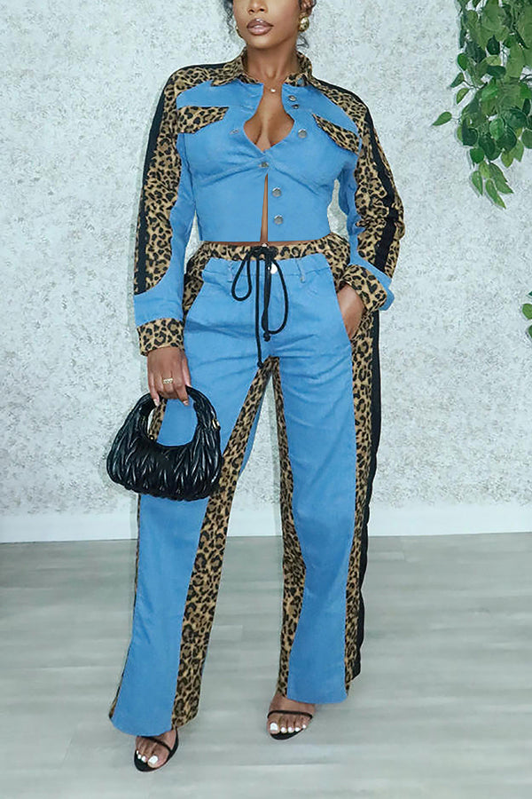 Fashionable Leopard Print Denim Bomber Jacket & Drawstring Pants Set