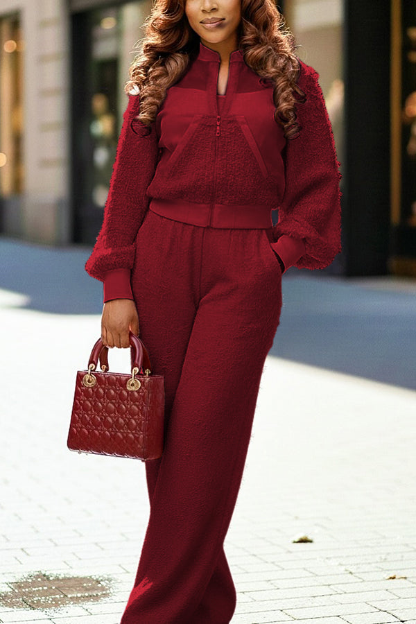 Chic Plush Patchwork Jacket & Wide Leg Pants Set