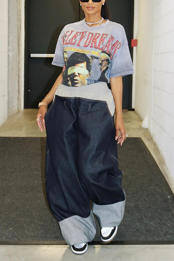 Baggy Patchwork High Rise Wide Leg Jeans