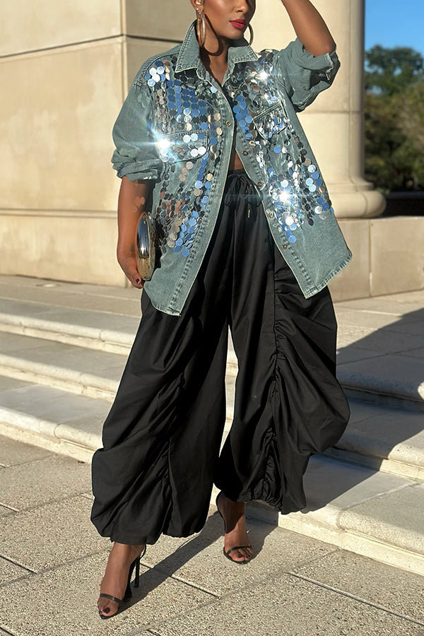 Striking Sequin Patchwork Faux Pocket Denim Jacket