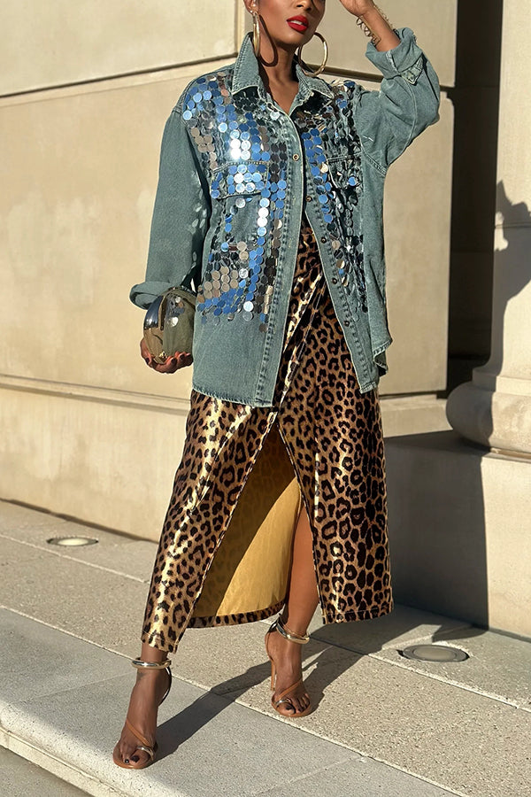 Striking Sequin Patchwork Faux Pocket Denim Jacket