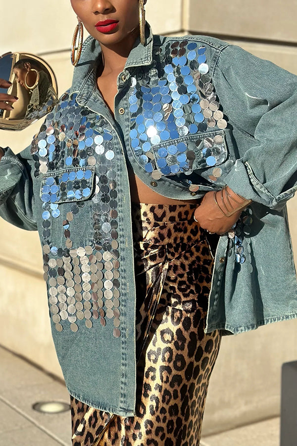 Striking Sequin Patchwork Faux Pocket Denim Jacket