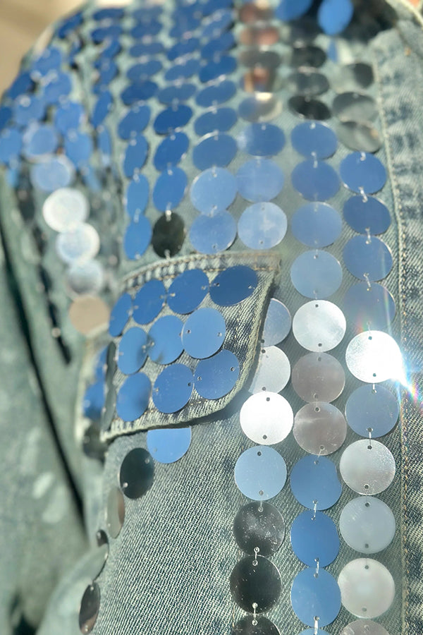 Striking Sequin Patchwork Faux Pocket Denim Jacket