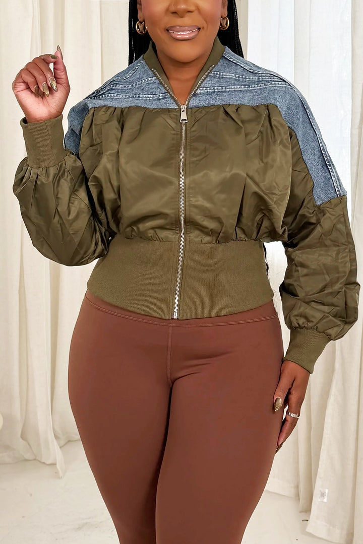 Casual Denim Patchwork Ribbed Waist Jacket