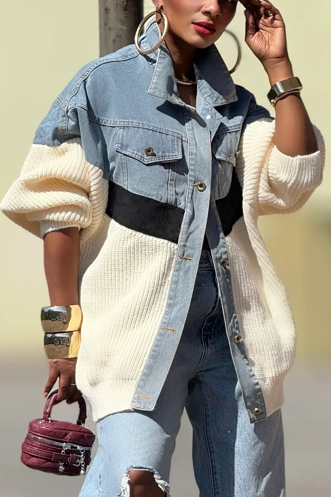 Stylish Single Breasted Denim Patchwork Knitted Jacket