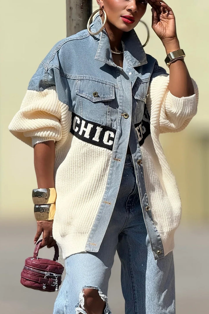 Stylish Single Breasted Denim Patchwork Knitted Jacket*