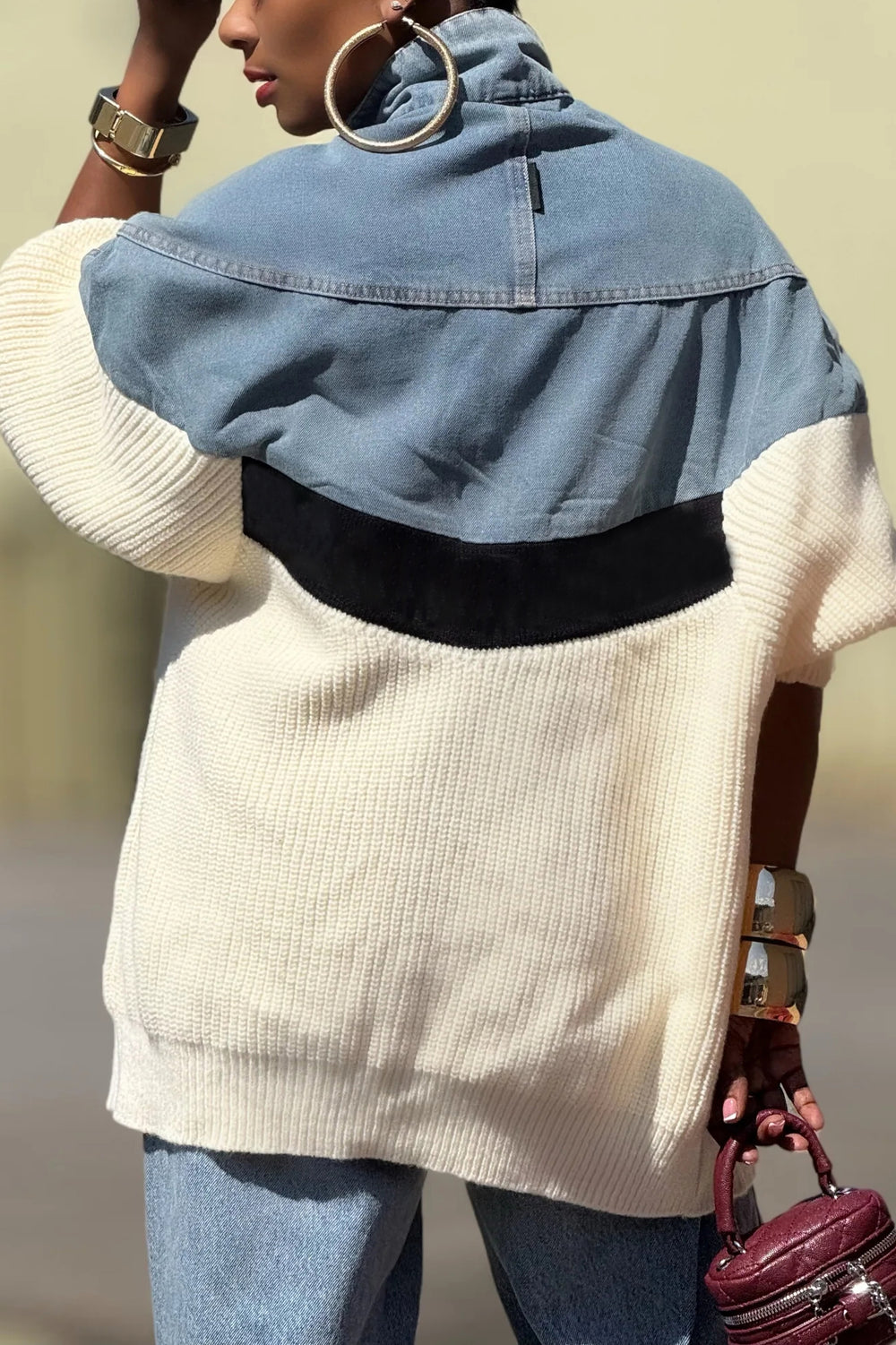 Stylish Single Breasted Denim Patchwork Knitted Jacket