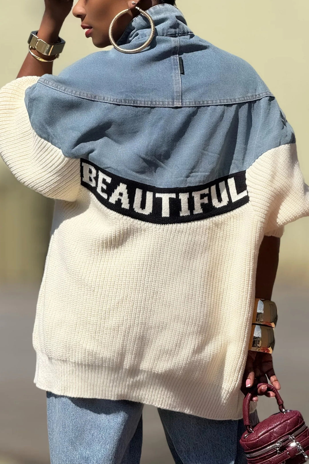 Stylish Single Breasted Denim Patchwork Knitted Jacket*