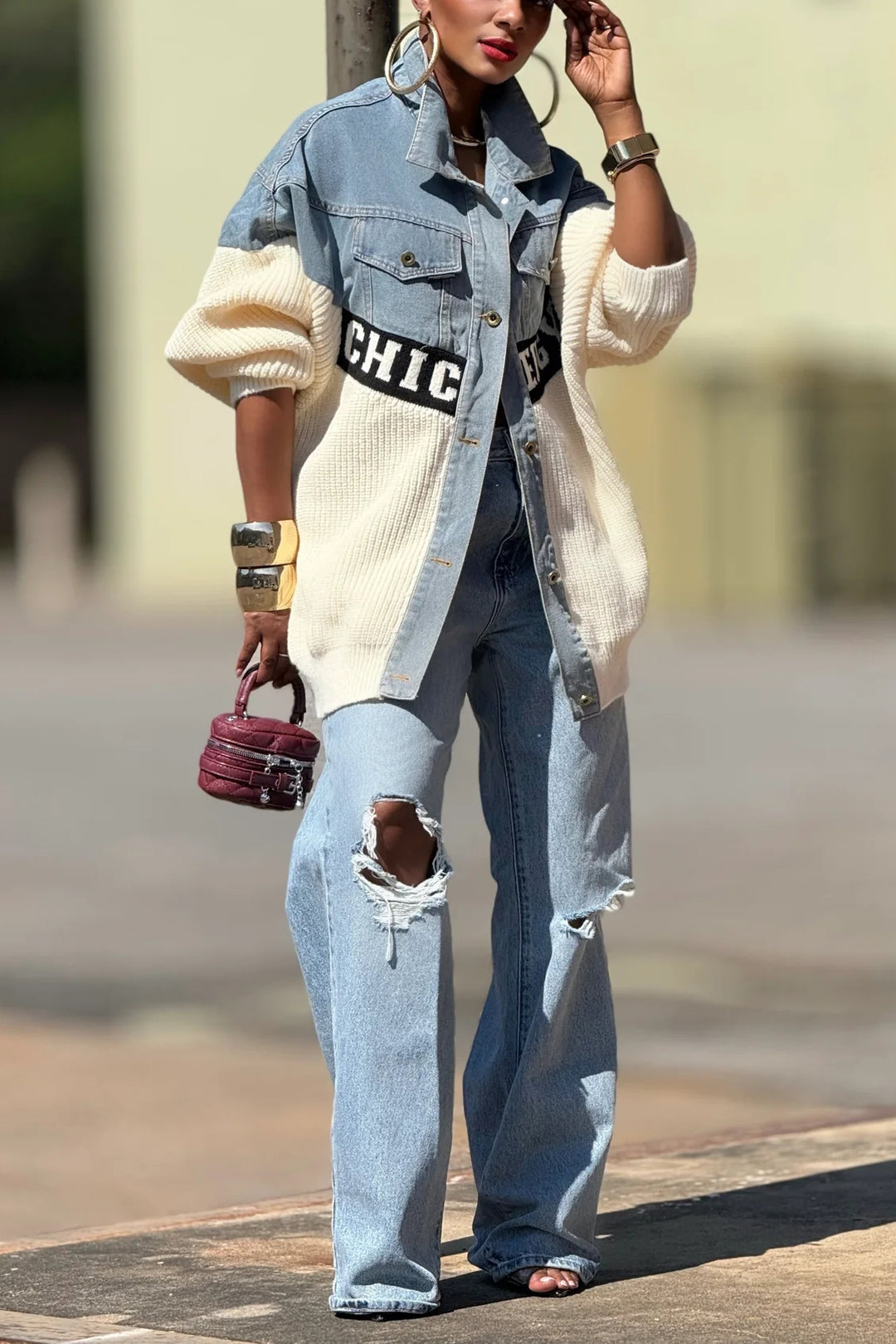 Stylish Single Breasted Denim Patchwork Knitted Jacket*