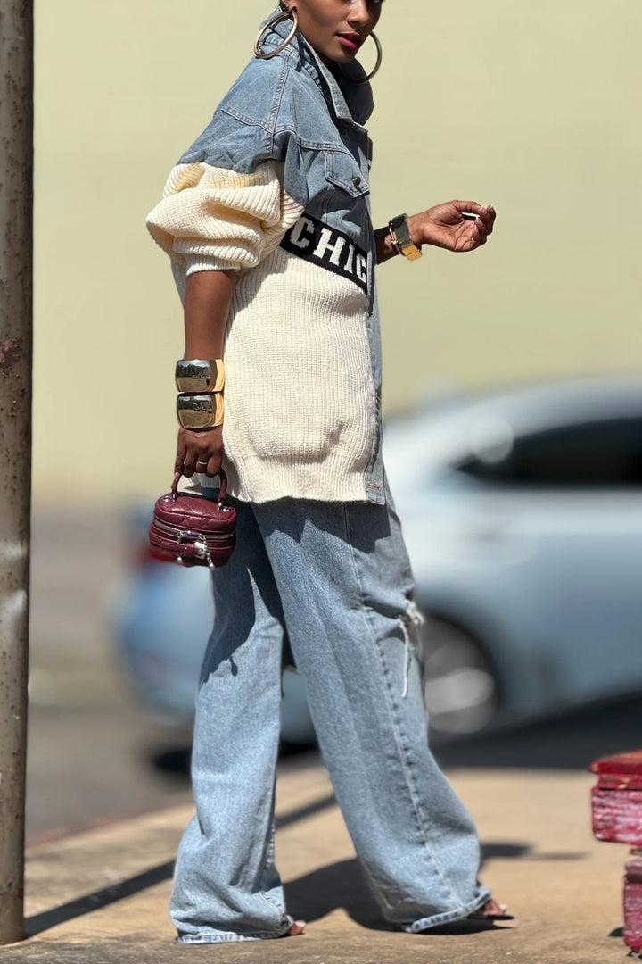 Stylish Single Breasted Denim Patchwork Knitted Jacket*