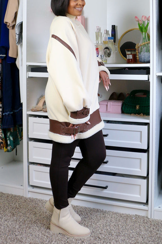 Versatile PU Patchwork Ribbed Collar Knitted Mini Dress