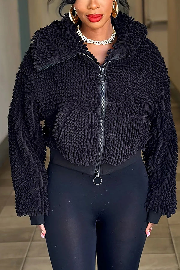 Effortless Lapel Plush Chenille Chunky Jacket