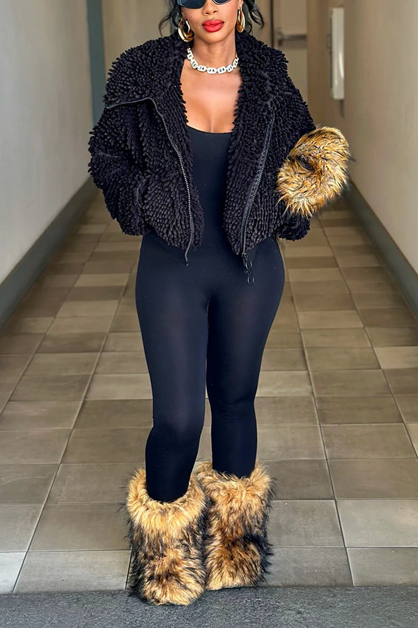 Effortless Lapel Plush Chenille Chunky Jacket