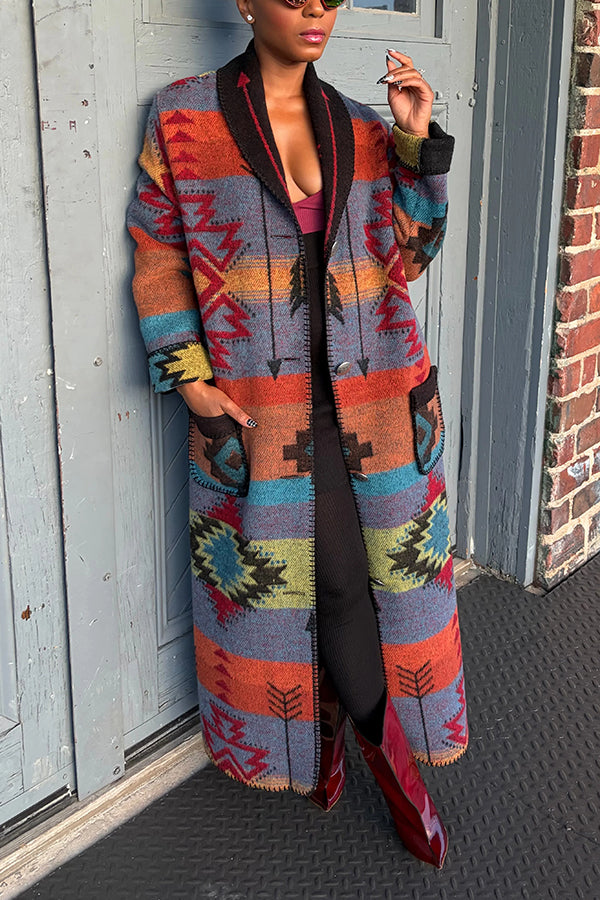 Dramatic Silhouette Aztec Printed Wool Duster Overcoat
