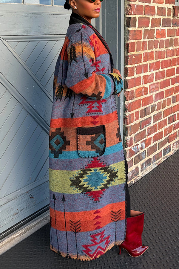Dramatic Silhouette Aztec Printed Wool Duster Overcoat