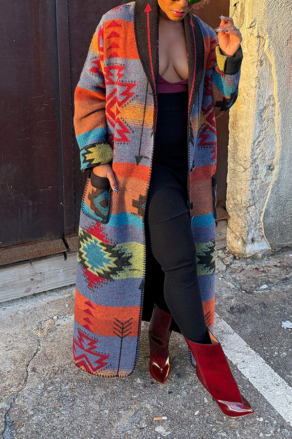 Dramatic Silhouette Aztec Printed Wool Duster Overcoat