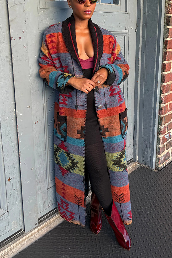 Dramatic Silhouette Aztec Printed Wool Duster Overcoat