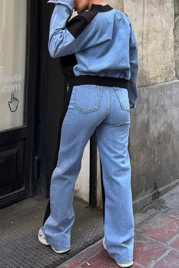 Stylish Denim Patchwork Jacket & High Waist Pants Set