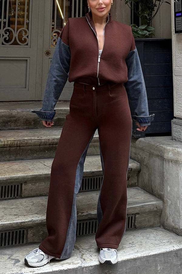 Stylish Denim Patchwork Jacket & High Waist Pants Set