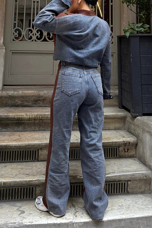 Stylish Denim Patchwork Jacket & High Waist Pants Set