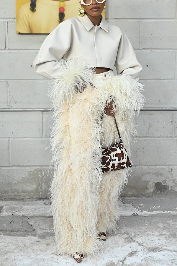 Striking Cropped Jacket & Feather Patchwork Pants Set
