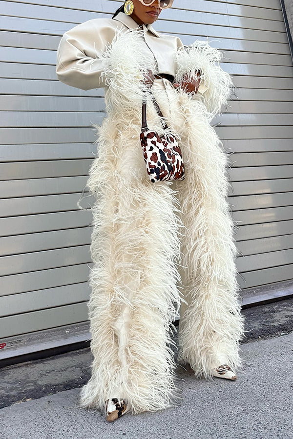 Striking Cropped Jacket & Feather Patchwork Pants Set