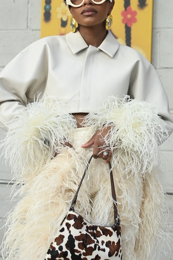 Striking Cropped Jacket & Feather Patchwork Pants Set