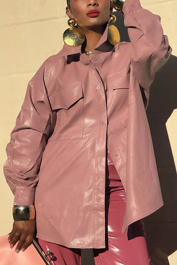 Stylish Vegan Leather Double Pocket Shacket