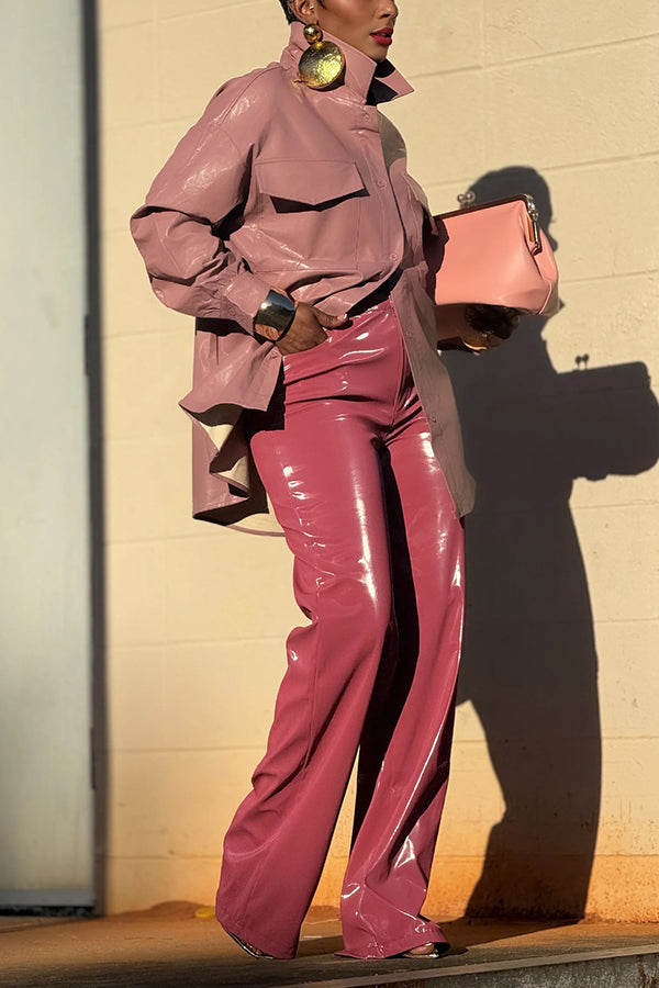 Stylish Vegan Leather Double Pocket Shacket