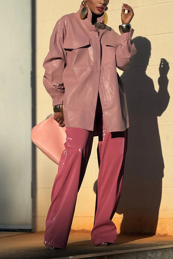 Stylish Vegan Leather Double Pocket Shacket