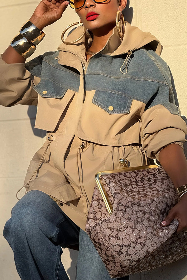Stylish Denim Patchwork Drawstring Hooded Parka