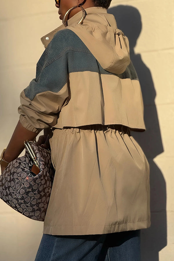 Stylish Denim Patchwork Drawstring Hooded Parka