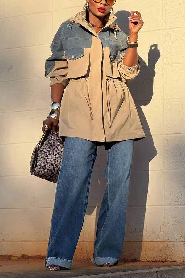 Stylish Denim Patchwork Drawstring Hooded Parka