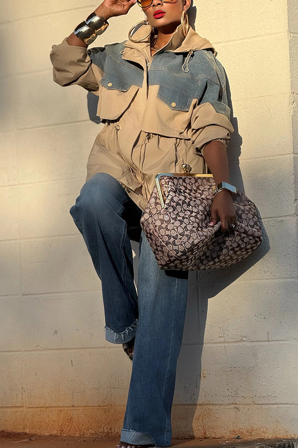 Stylish Denim Patchwork Drawstring Hooded Parka