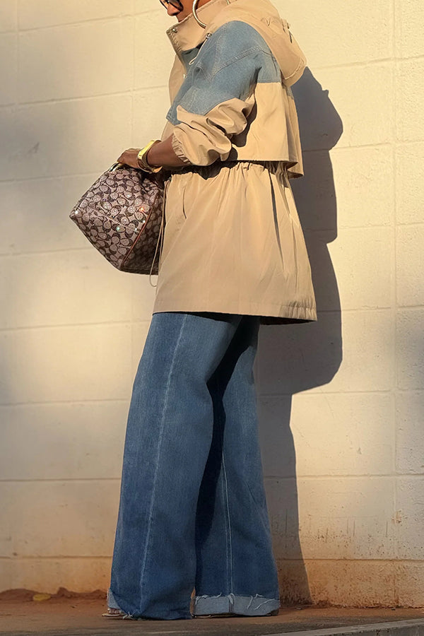 Stylish Denim Patchwork Drawstring Hooded Parka