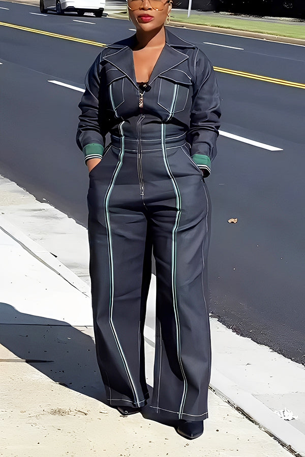 Relaxed Lapel Seam Detail Wide Leg Jumpsuit