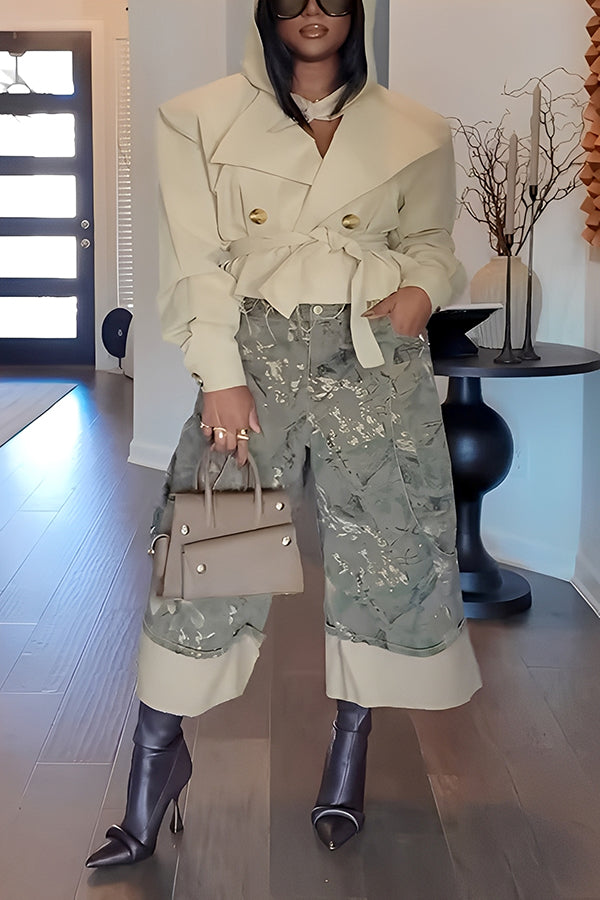 Casual Lace Up Short Jacket & Cropped Camouflage Pants Set