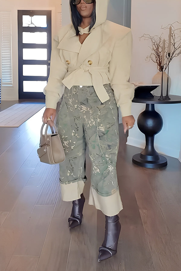 Casual Lace Up Short Jacket & Cropped Camouflage Pants Set
