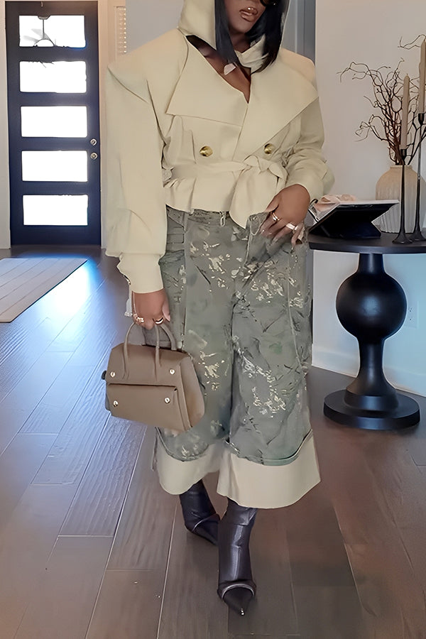 Casual Lace Up Short Jacket & Cropped Camouflage Pants Set