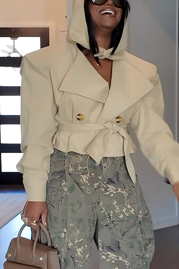 Casual Lace Up Short Jacket & Cropped Camouflage Pants Set