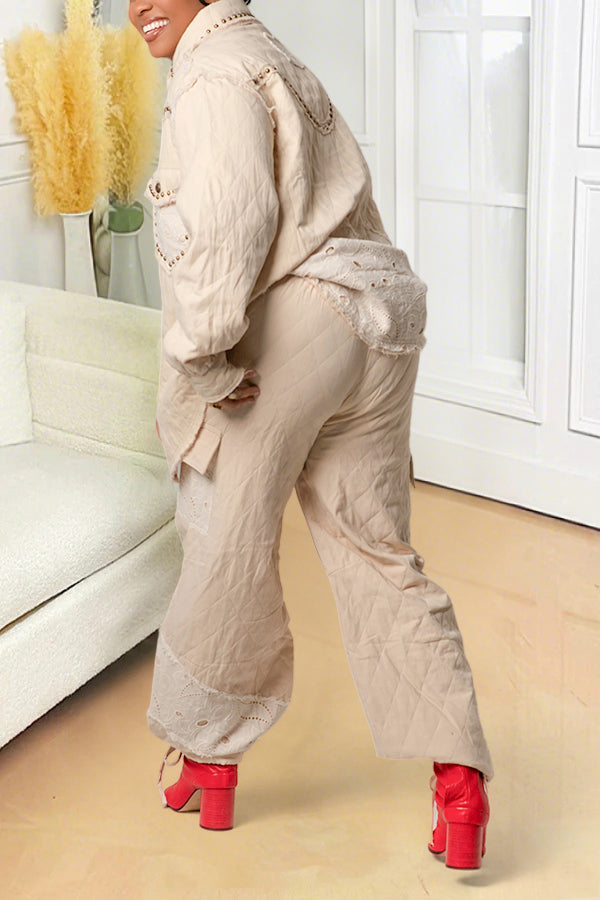 Casual Quilted Rivet Jacket & Drawstring Pants Set