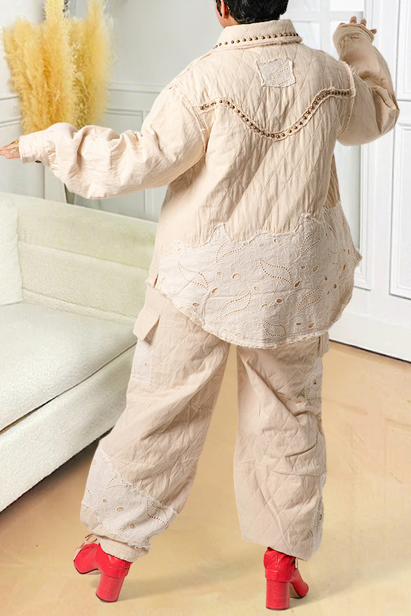 Casual Quilted Rivet Jacket & Drawstring Pants Set