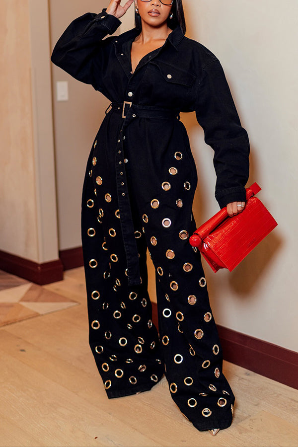 Cool Eyelet Belt Detail Wide Leg Denim Jumpsuit