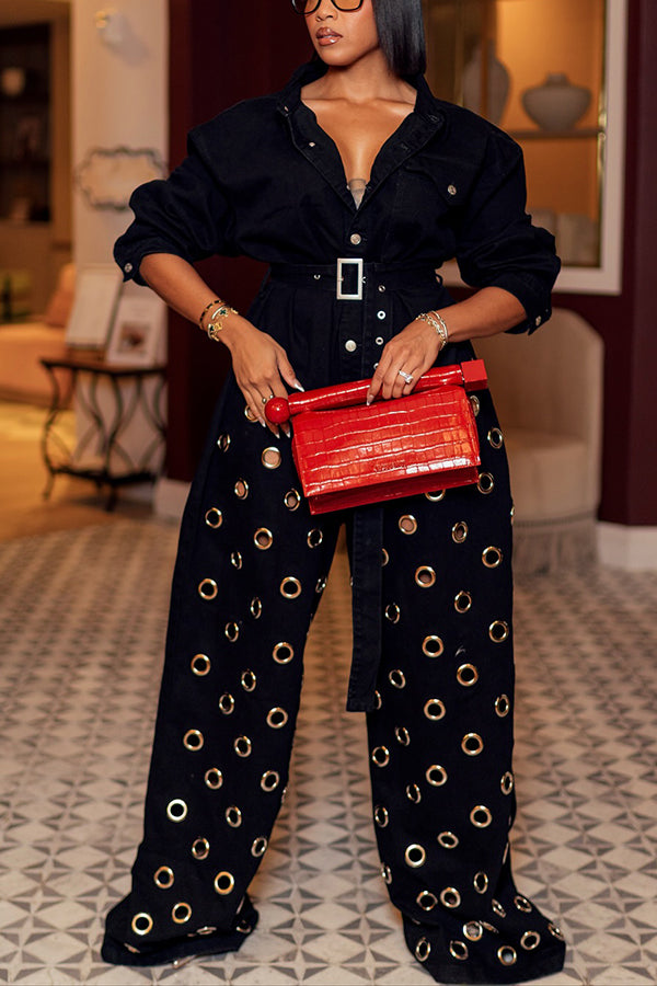 Cool Eyelet Belt Detail Wide Leg Denim Jumpsuit