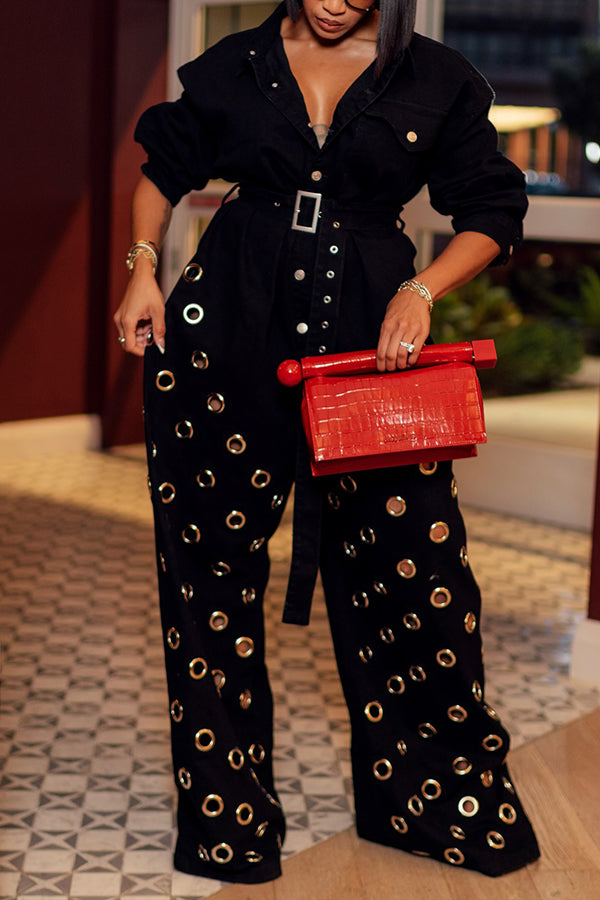 Cool Eyelet Belt Detail Wide Leg Denim Jumpsuit