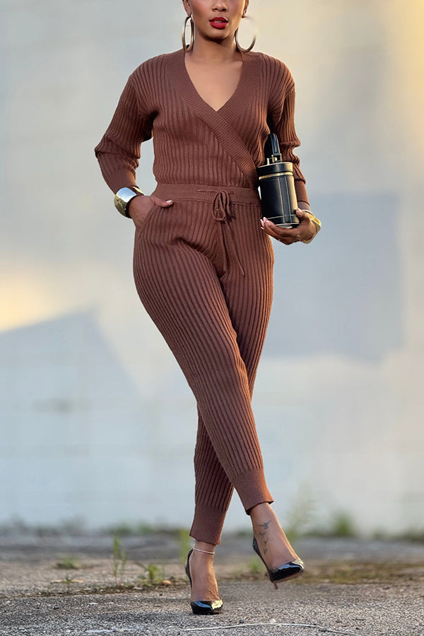Casual Wrap Adjustable Waist Ribbed Jumpsuit