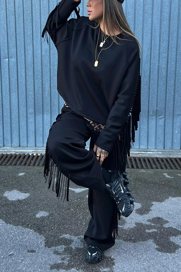 Casual Loose Tassel Sweatshirt & Pants Set
