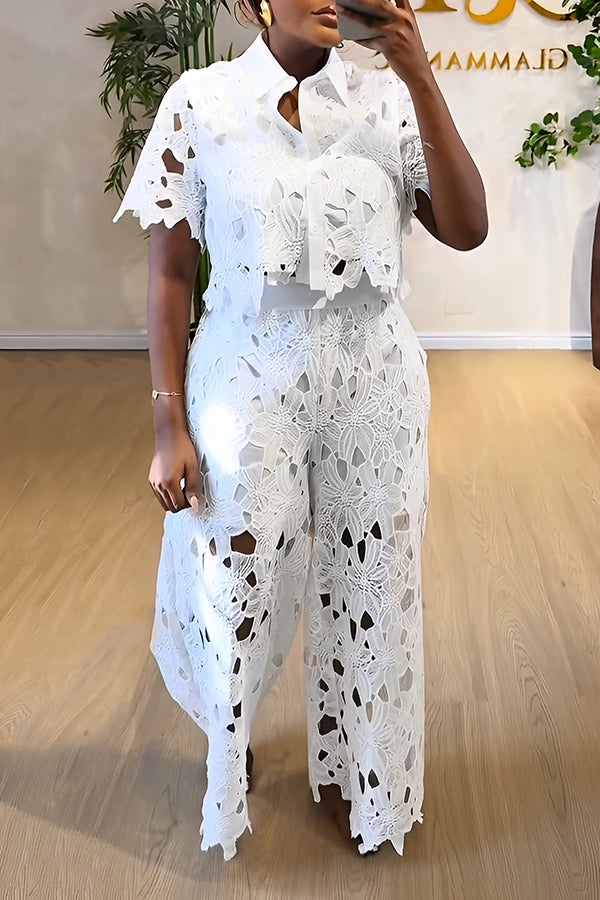 Chic Burnt Flower Blouse & Pants Set