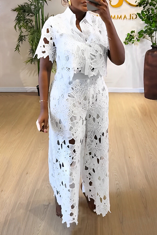 Chic Burnt Flower Blouse & Pants Set